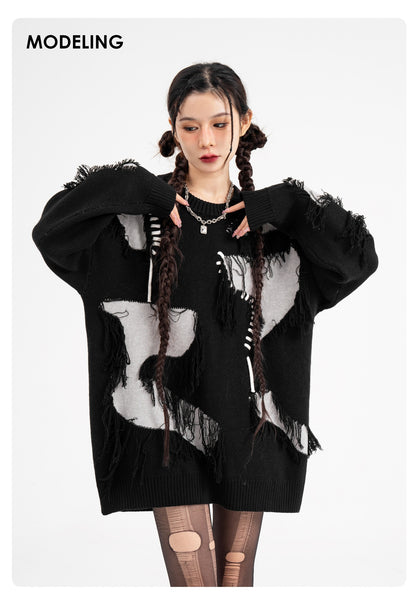 STITCH ステッチ加工 ダメージ ニット プルオーバートップ BLACK