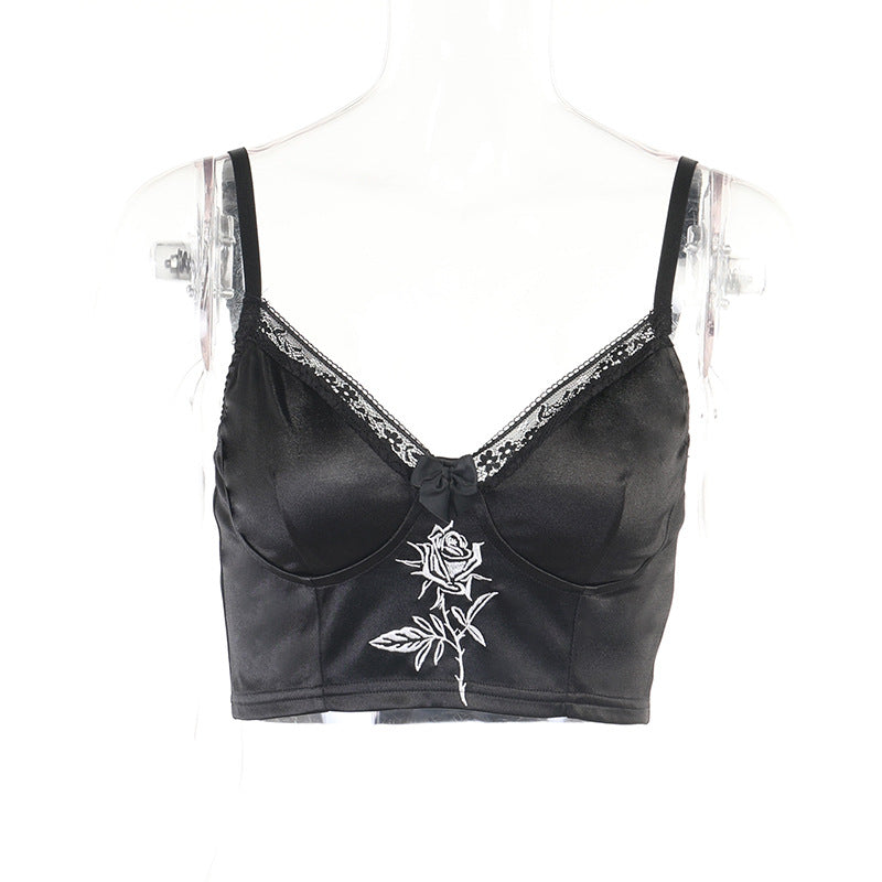 Rose Embroidery Satin Camisole BLACK