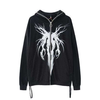 DEVIL PRINT FULL ZIP UP HOODIE PARKA BLACK