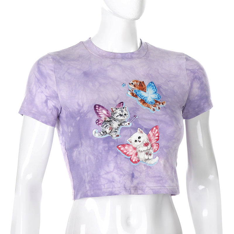 Tie-dye cat print T-shirt PURPLE