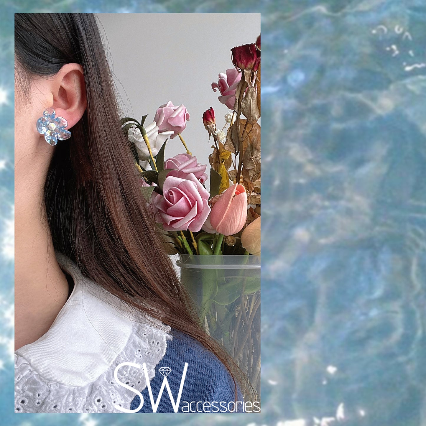 Clear Flower Earrings BLUE