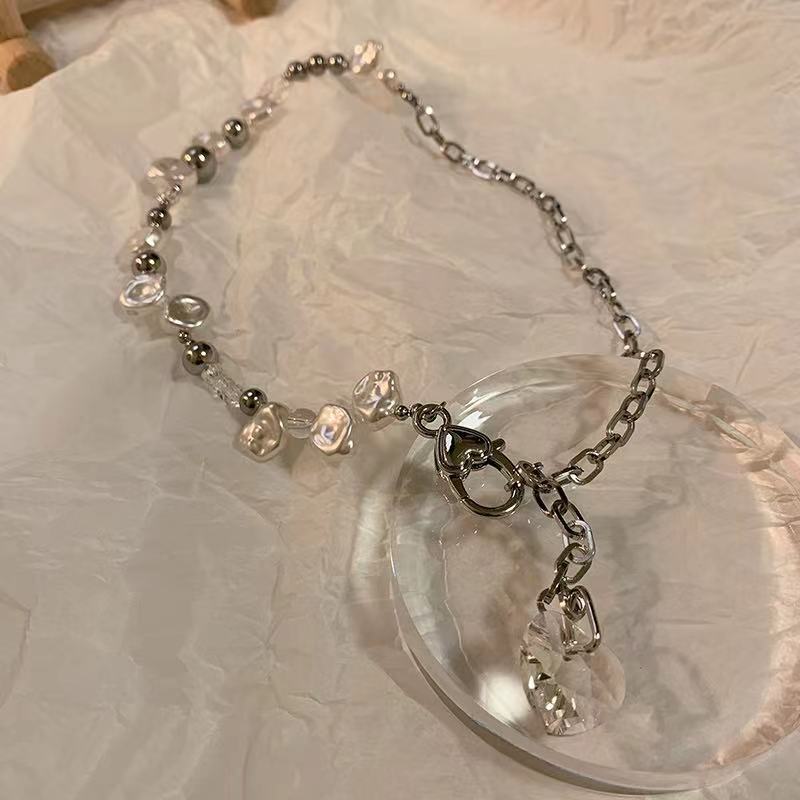 Clear Heart Pearl Chain Necklace SILVER