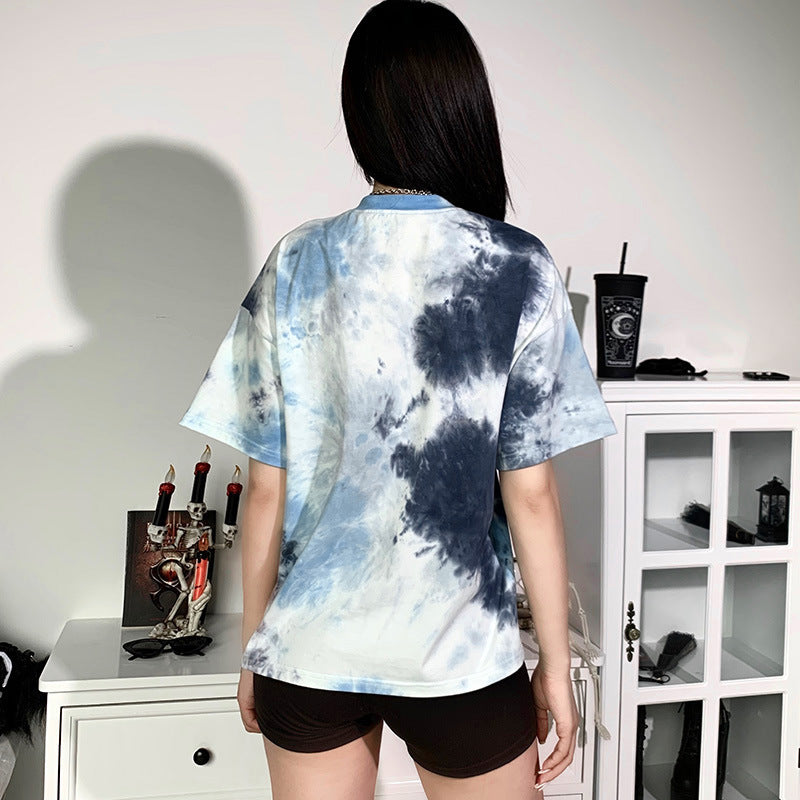 Tie-dye cat print T-shirt BLUE