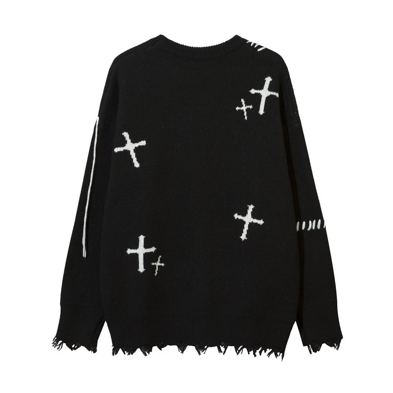 Corazon Cross Distressed Knit Sweater BLACK