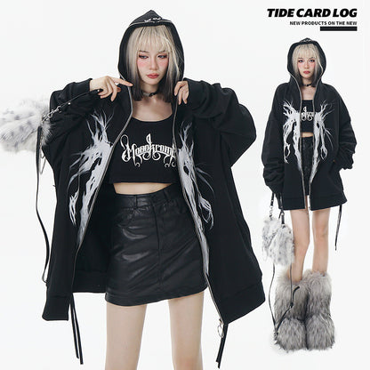 DEVIL PRINT FULL ZIP UP HOODIE PARKA BLACK