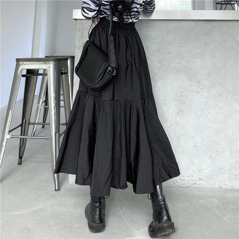 Asymmetrical frill midi long skirt BLACK