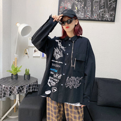 Symbol Embroidery Long Sleeve Shirt BLACK