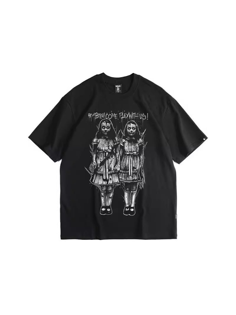 双子 ホラー グラフィック Tシャツ BLACK