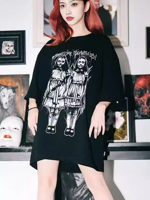 双子 ホラー グラフィック Tシャツ BLACK