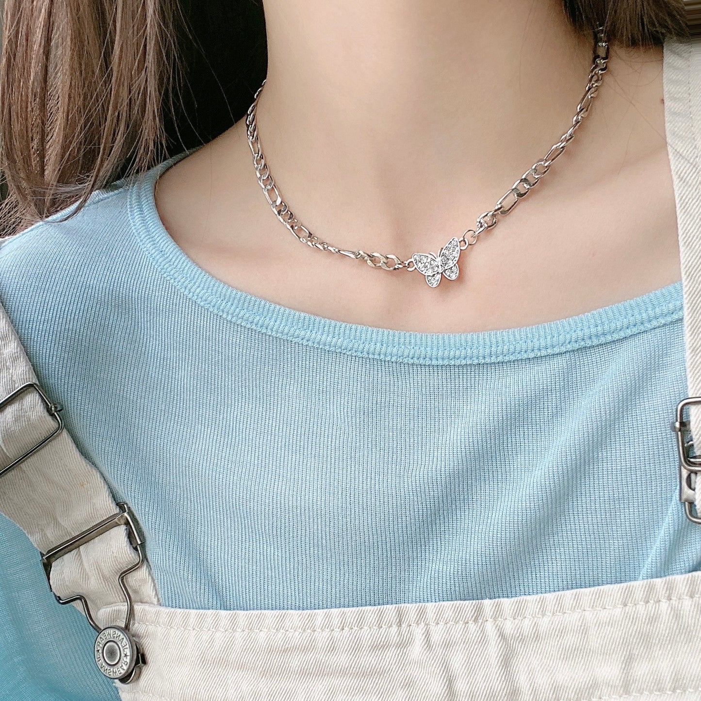 Rhinestone Butterfly Chain ネックレス SILVER