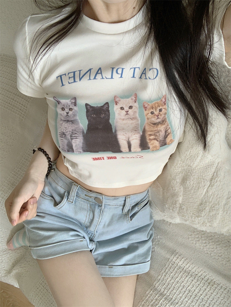 KITTY CAT Side Open Print T-shirt WHITE