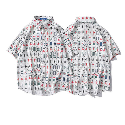 Mahjong tile all-over print light short-sleeved shirt WHITE