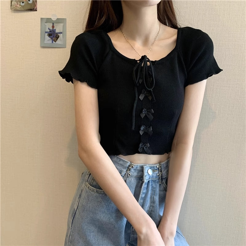 Satin Ribbon Mellow Knit Top BLACK