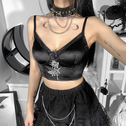 Rose Embroidery Satin Camisole BLACK
