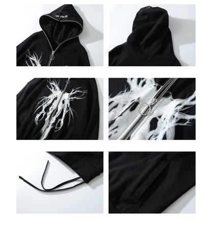 DEVIL PRINT FULL ZIP UP HOODIE PARKA BLACK