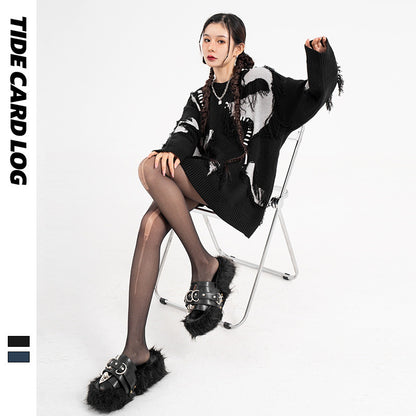 STITCH ステッチ加工 ダメージ ニット プルオーバートップ BLACK