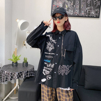 Symbol Embroidery Long Sleeve Shirt BLACK