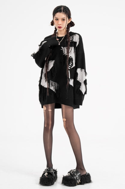 STITCH ステッチ加工 ダメージ ニット プルオーバートップ BLACK