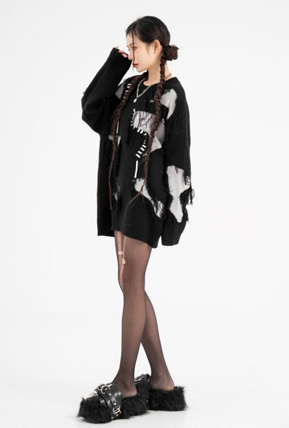 STITCH ステッチ加工 ダメージ ニット プルオーバートップ BLACK