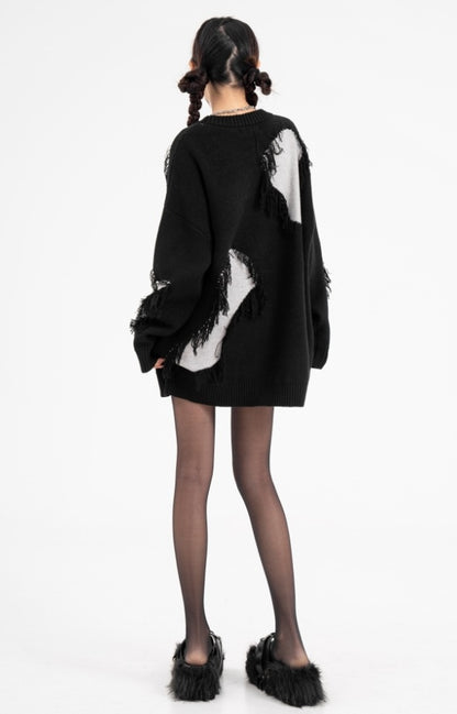 STITCH ステッチ加工 ダメージ ニット プルオーバートップ BLACK