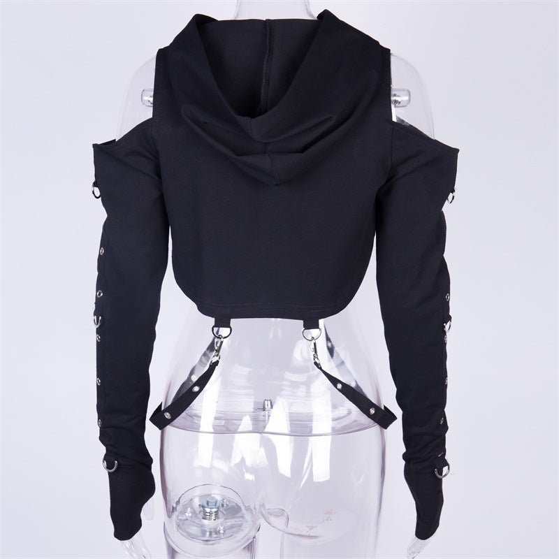 Open Shoulder Gothic Hoodie BLACK