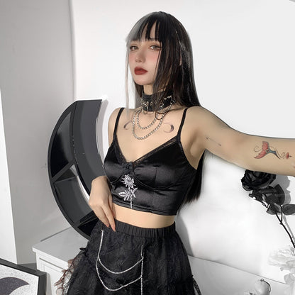 Rose Embroidery Satin Camisole BLACK