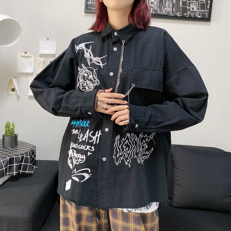Symbol Embroidery Long Sleeve Shirt BLACK