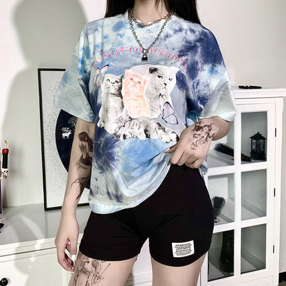 タイダイ 猫プリント Tシャツ BLUE