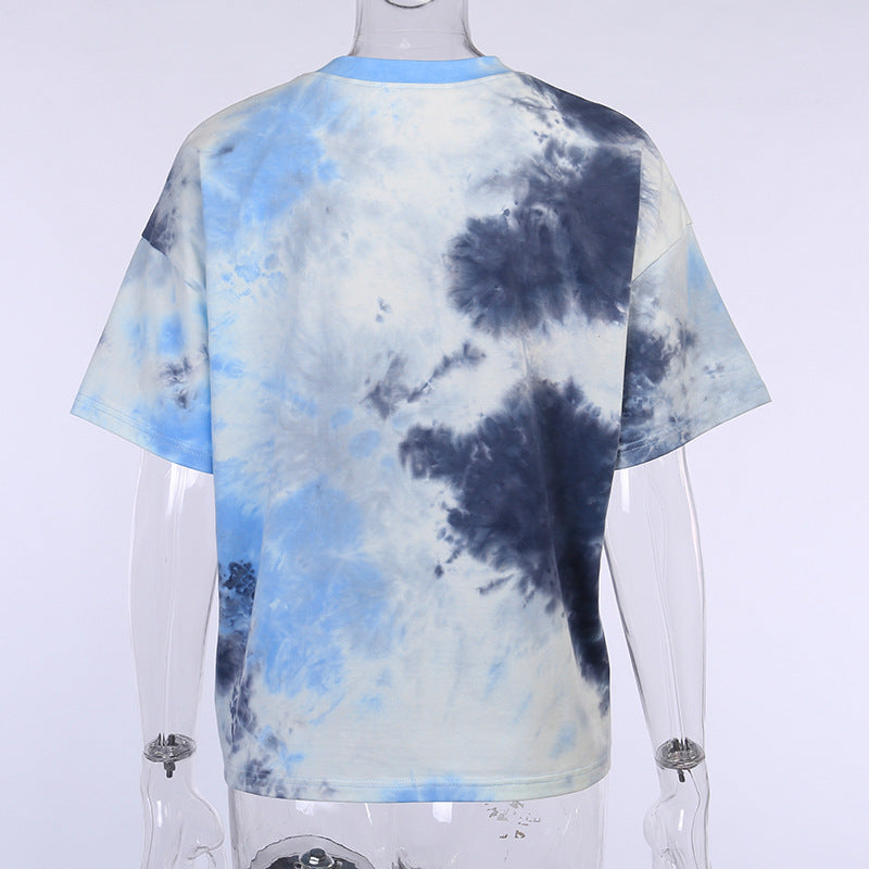 Tie-dye cat print T-shirt BLUE