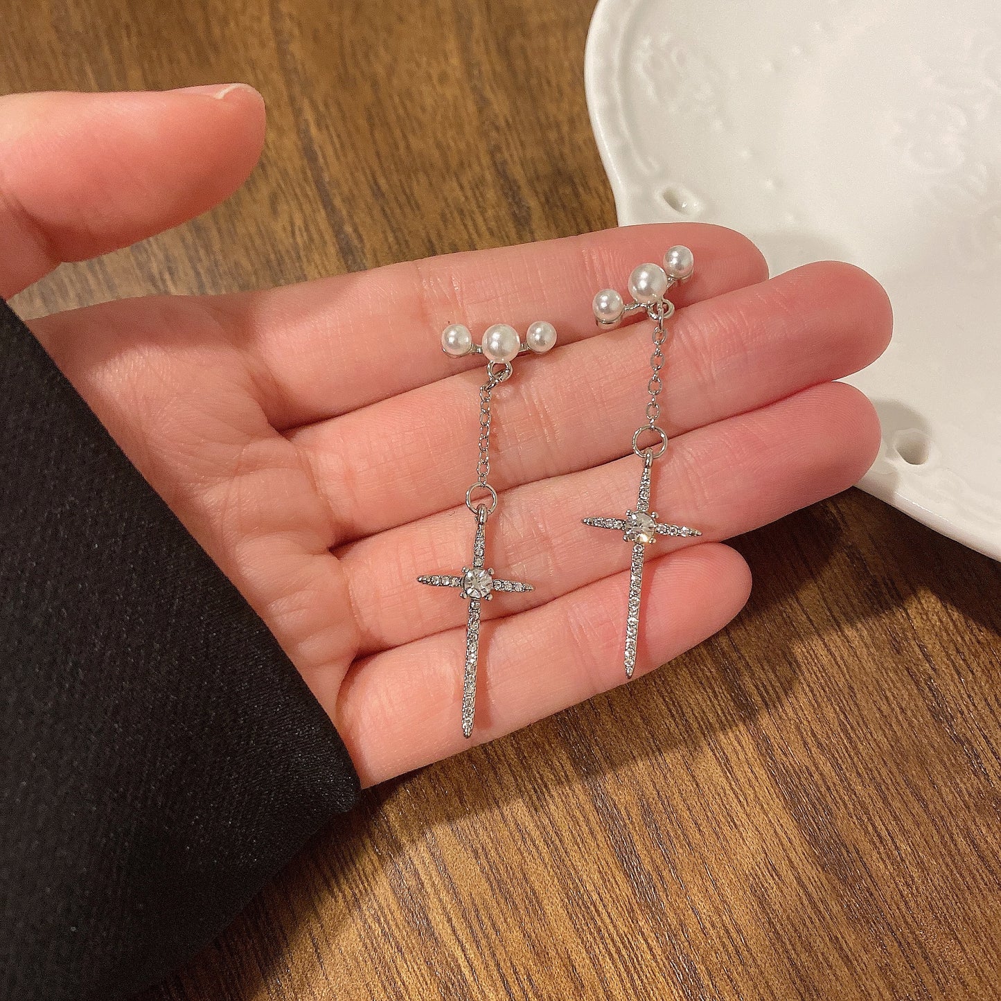 Pearl Cross Dangle Earrings SILVER