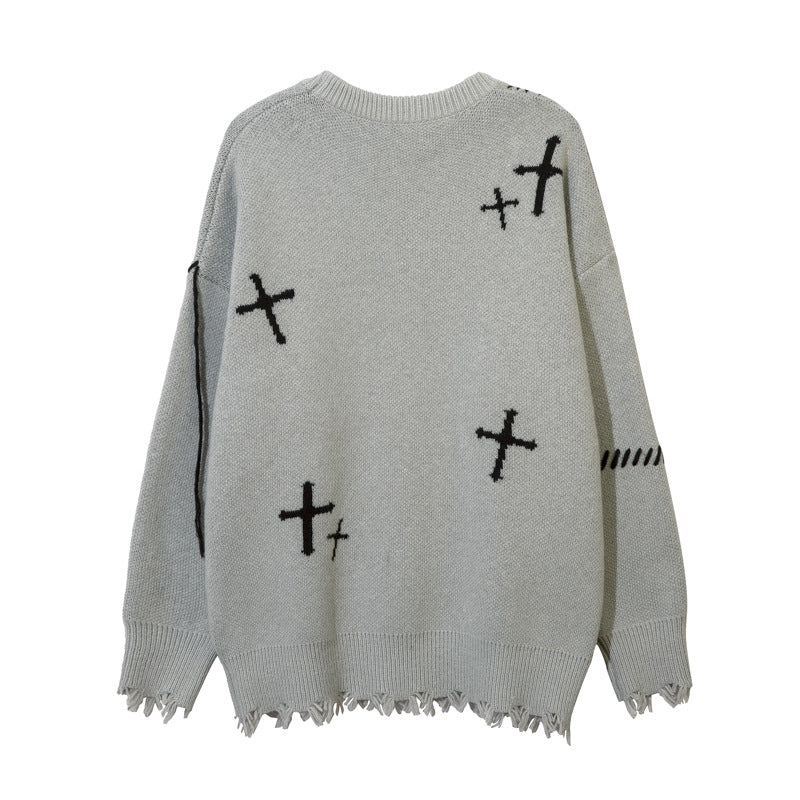 Corazon Cross Distressed Knit Sweater GRAY