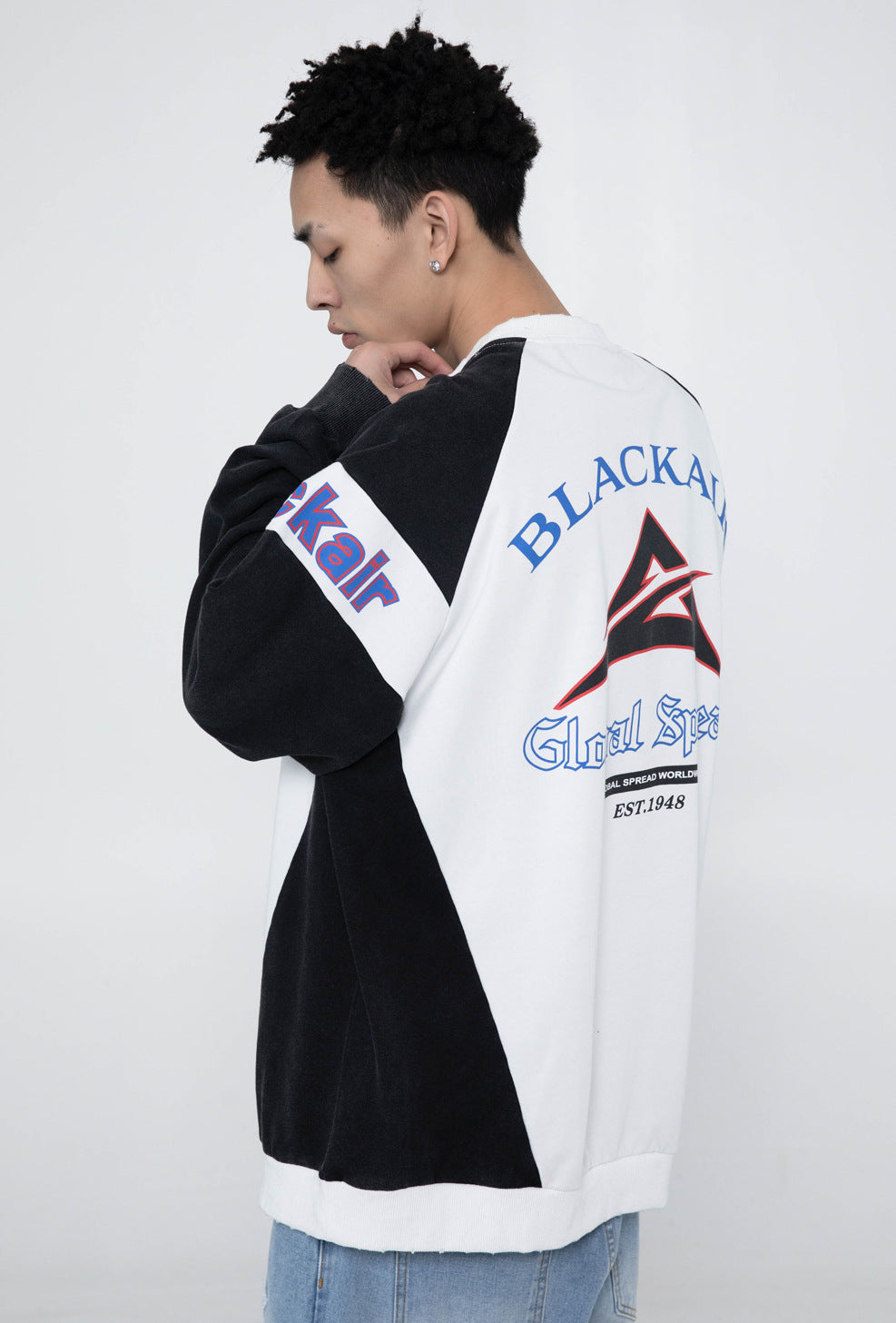MADE EXTREME BLACK AIR Bicolor Sporty Damaged Design Long Sleeve T-Shirt Black/White