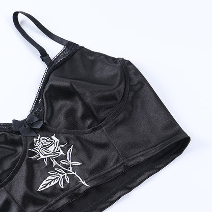 Rose Embroidery Satin Camisole BLACK