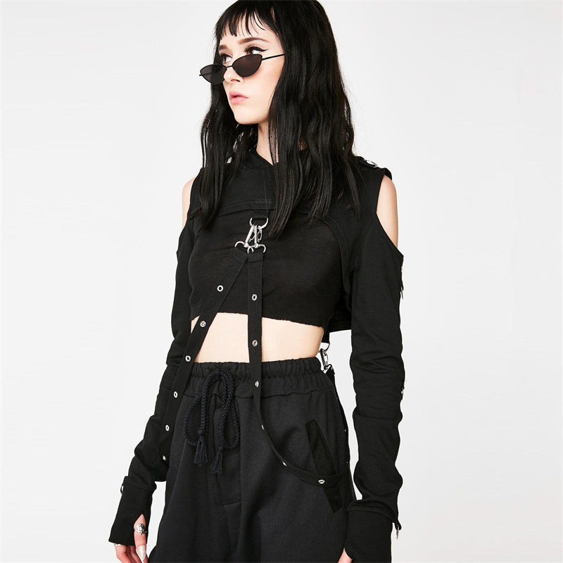 Open Shoulder Gothic Hoodie BLACK