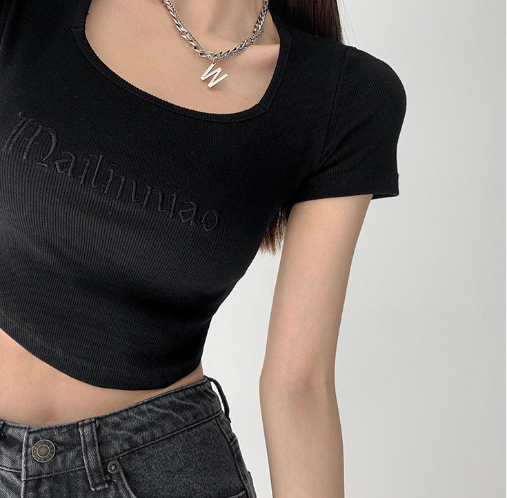 Embroidered Logo Crop Rib Top BLACK