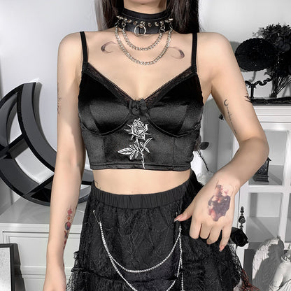 Rose Embroidery Satin Camisole BLACK