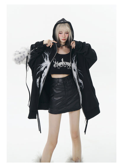 DEVIL PRINT FULL ZIP UP HOODIE PARKA BLACK