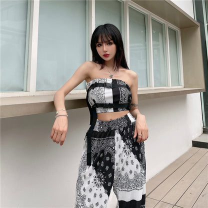Bandana Pattern Tube Top and Pants Set Black/White MS_P