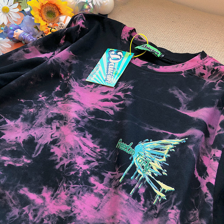 Tie-dye butterfly print short-sleeve T-shirt BLACK