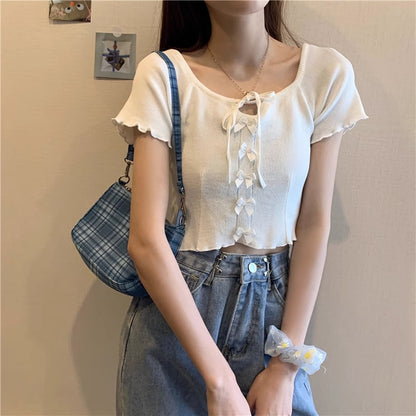 Satin Ribbon Mellow Knit Top WHITE