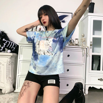 タイダイ 猫プリント Tシャツ BLUE