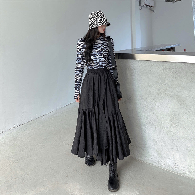 Asymmetrical frill midi long skirt BLACK