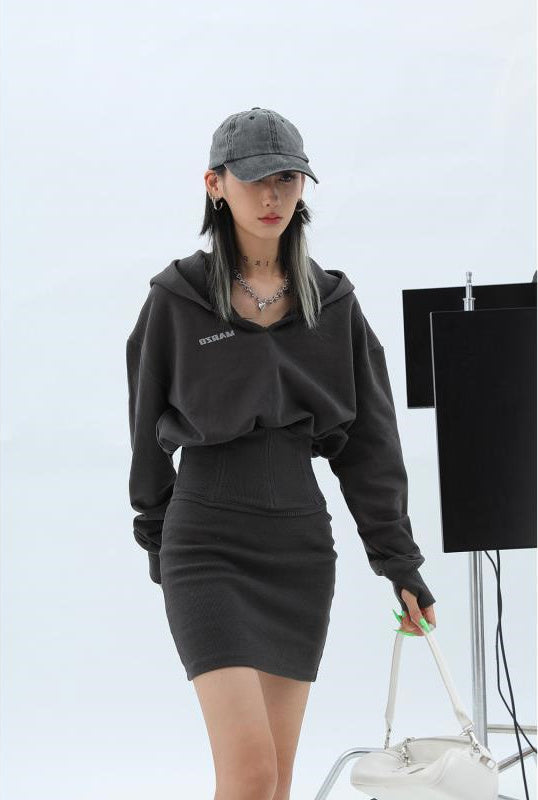 Hooded tight skirt fitted dress GRAY