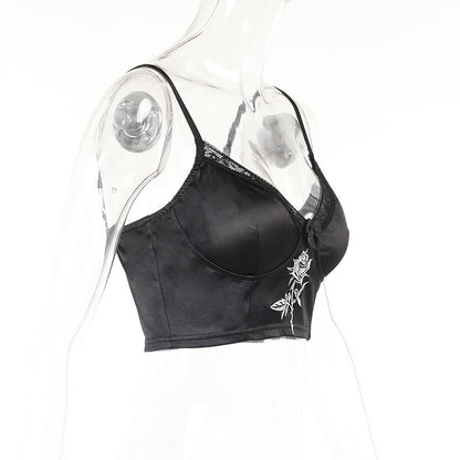 Rose Embroidery Satin Camisole BLACK