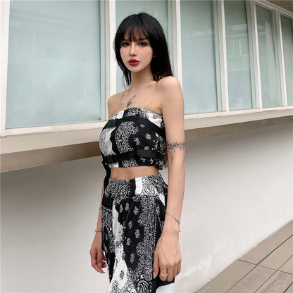 Bandana Pattern Tube Top and Pants Set Black/White MS_P