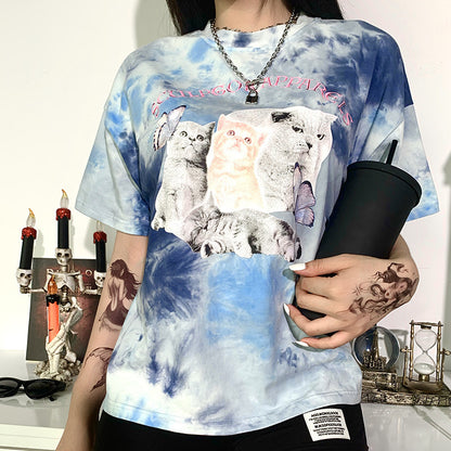 タイダイ 猫プリント Tシャツ BLUE