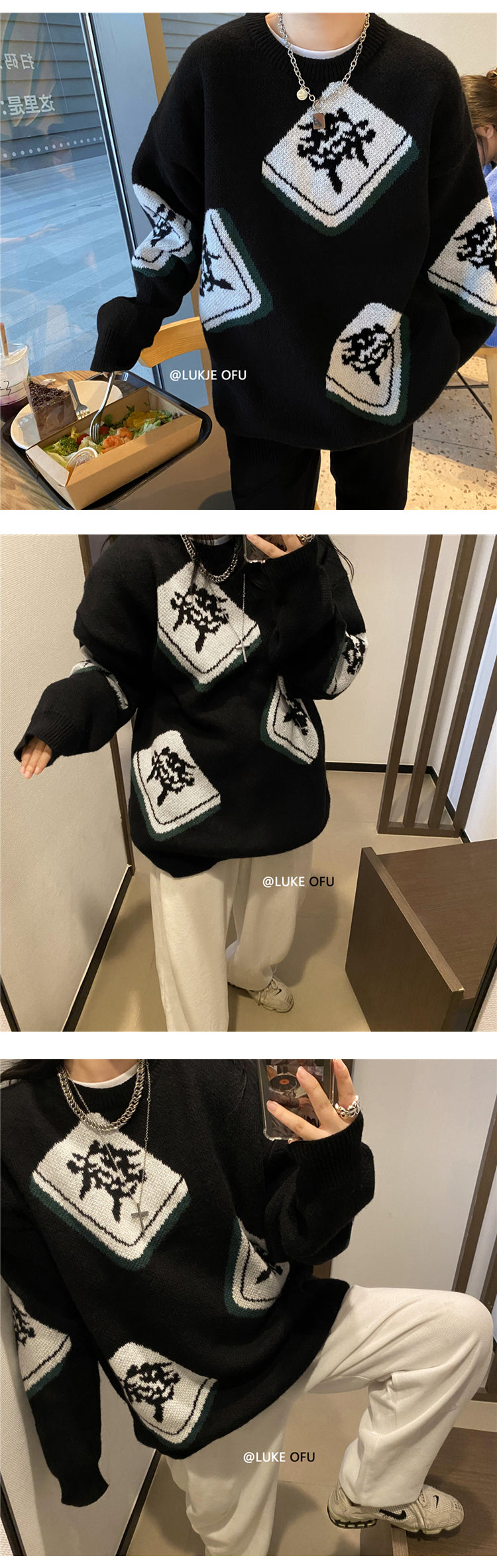 Mahjong tile jacquard knit top BLACK YK0658 CT6864