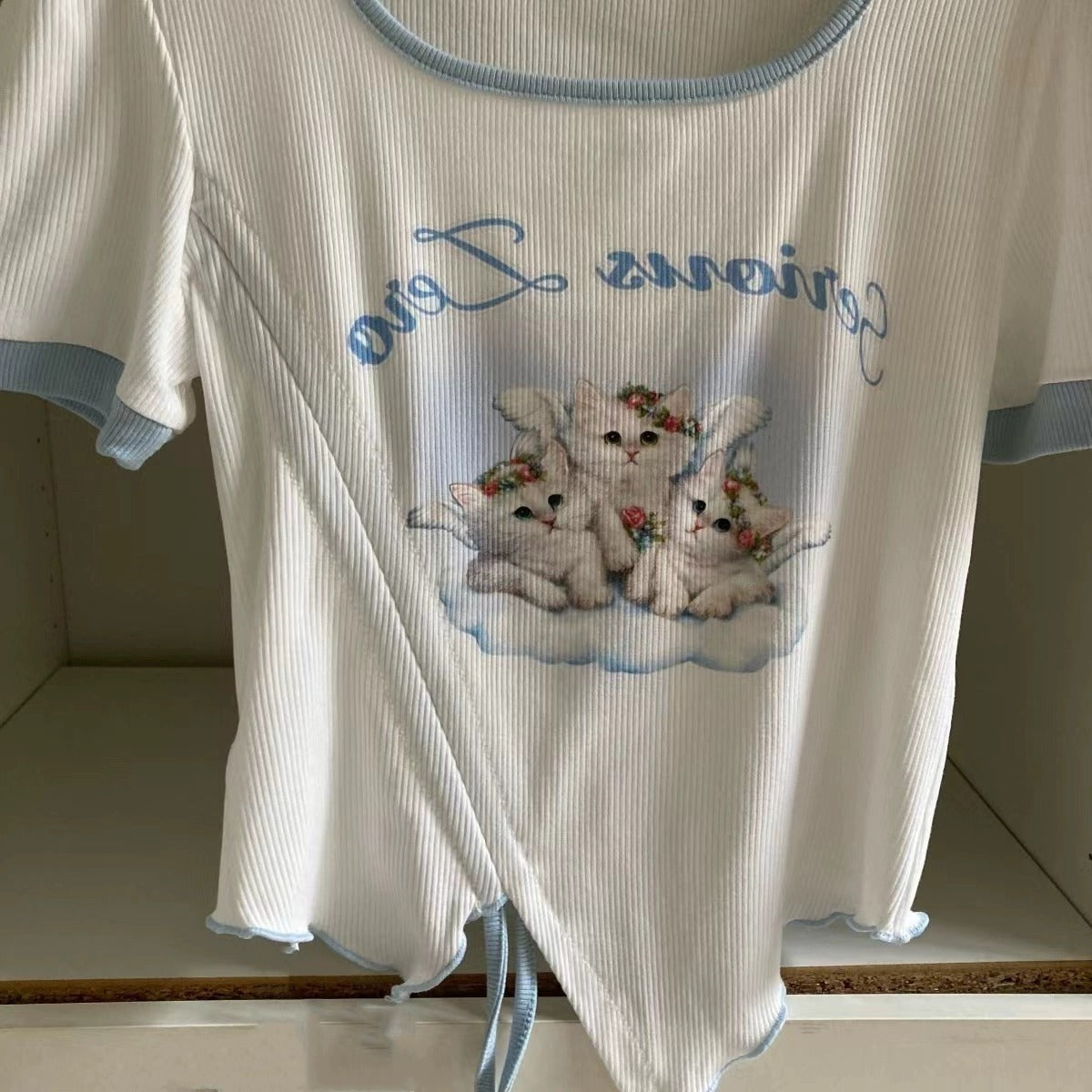 KITTY Kitten Print Asymmetrical Design Ribbed Top WHITE