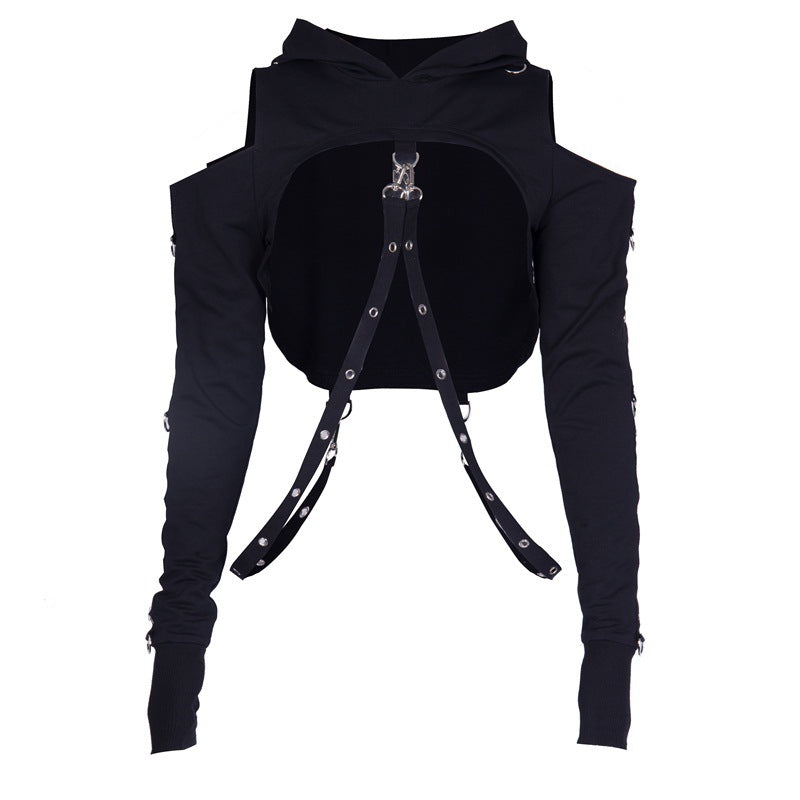 Open Shoulder Gothic Hoodie BLACK