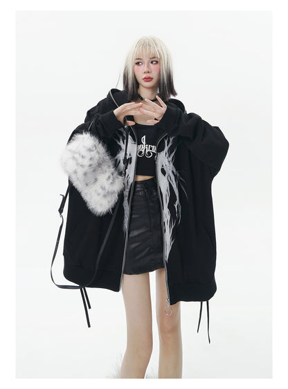 DEVIL PRINT FULL ZIP UP HOODIE PARKA BLACK